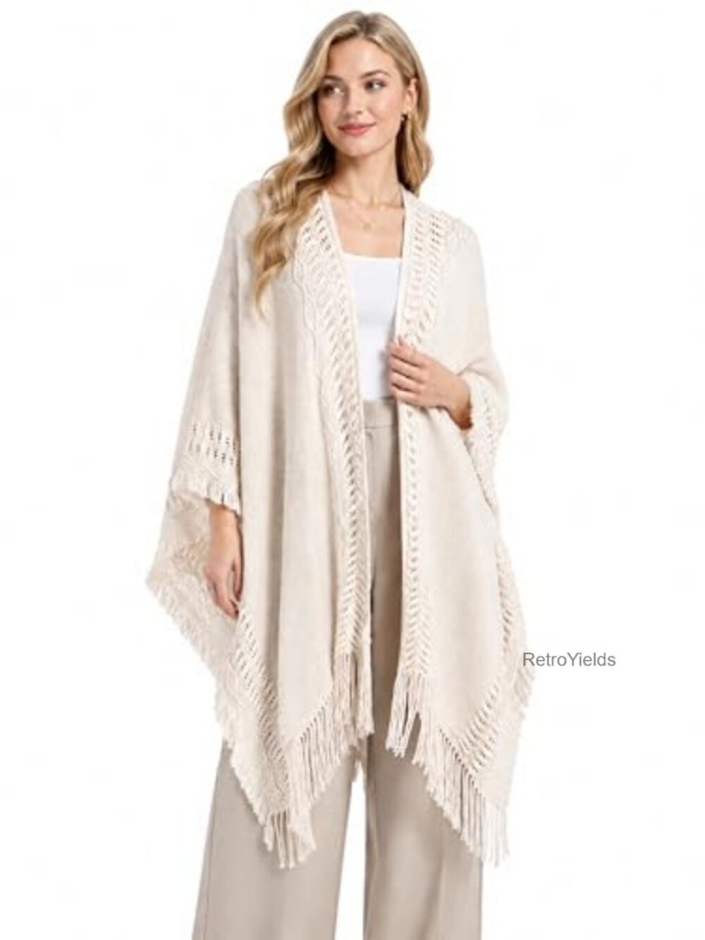 Oversized Crochet Poncho Cardigan Open Front Fringe Wrap